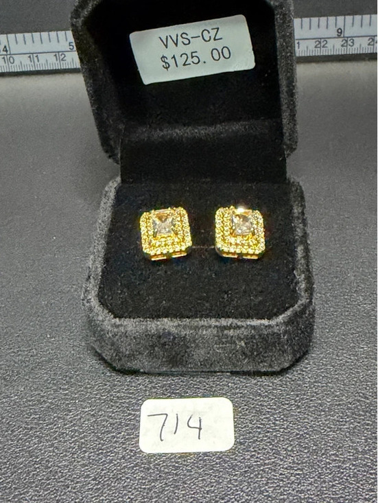 Alternative Jewelry - #714  Gold Tone Rectangular VVS CZ Halo Stud Earrings  $125 Retail